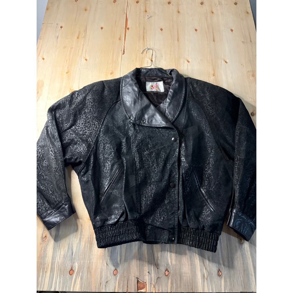 Vintage Adler Leather Bomber Jacket Black Crackle Texture Shawl Collar Large